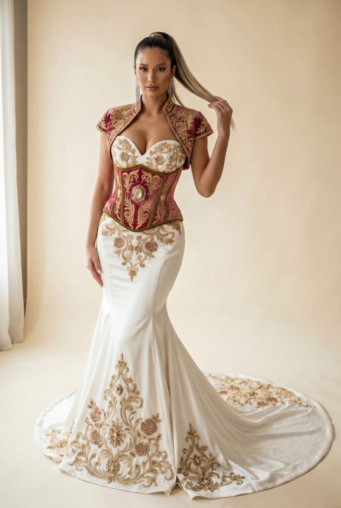 Broderie d'or à la main sur la traîne d'un caftan émeraude — sfifa et aakad