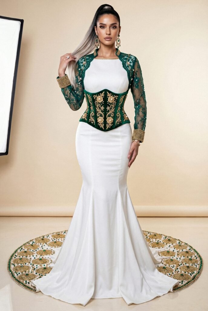 Robe de cérémonie blanche à corset de velours vert brodé d'or et traîne cerclée de médaillons — pièce sur mesure Caftan En Ligne