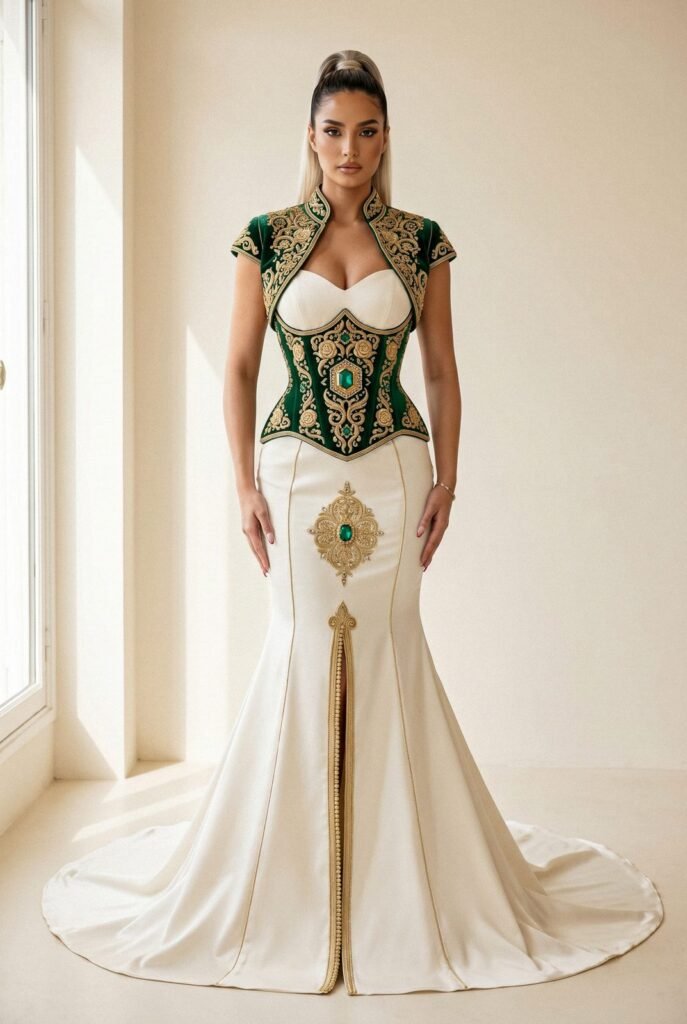 Caftan ivoire à boléro-corset de velours vert brodé d'or et médaillon serti — pièce sur mesure Caftan En Ligne