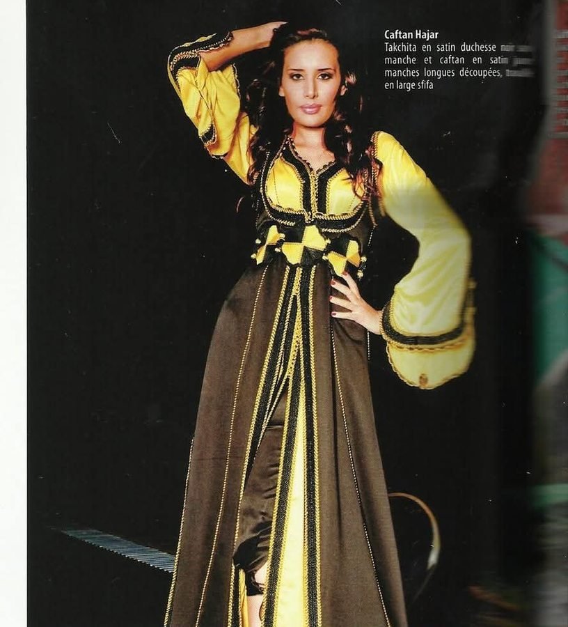 Caftan Hajar, takchita en satin duchesse noir et satin jaune, collection 2011