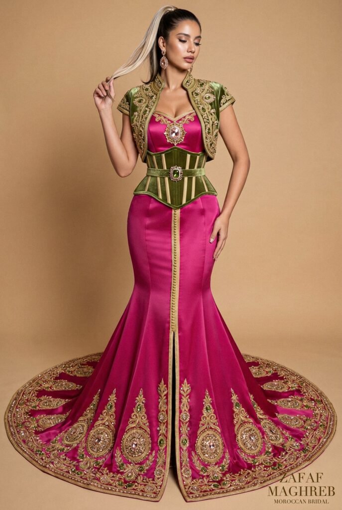 Broderie d'or à la main sur la traîne d'un caftan émeraude — sfifa et aakad