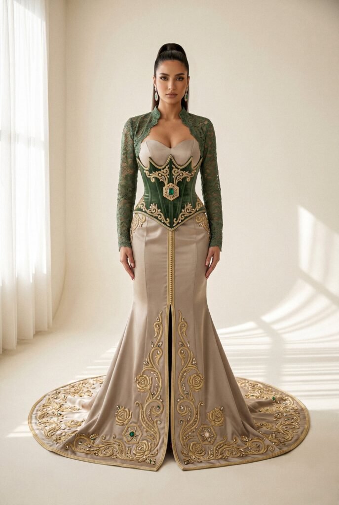 Broderie d'or à la main sur la traîne d'un caftan émeraude — sfifa et aakad