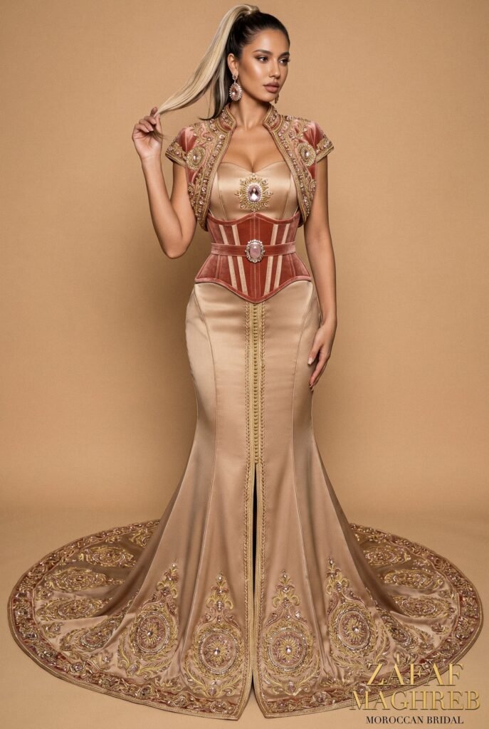 Broderie d'or à la main sur la traîne d'un caftan émeraude — sfifa et aakad