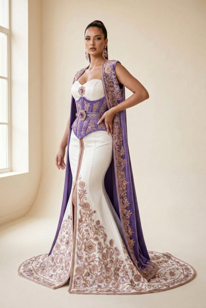 Broderie d'or à la main sur la traîne d'un caftan émeraude — sfifa et aakad