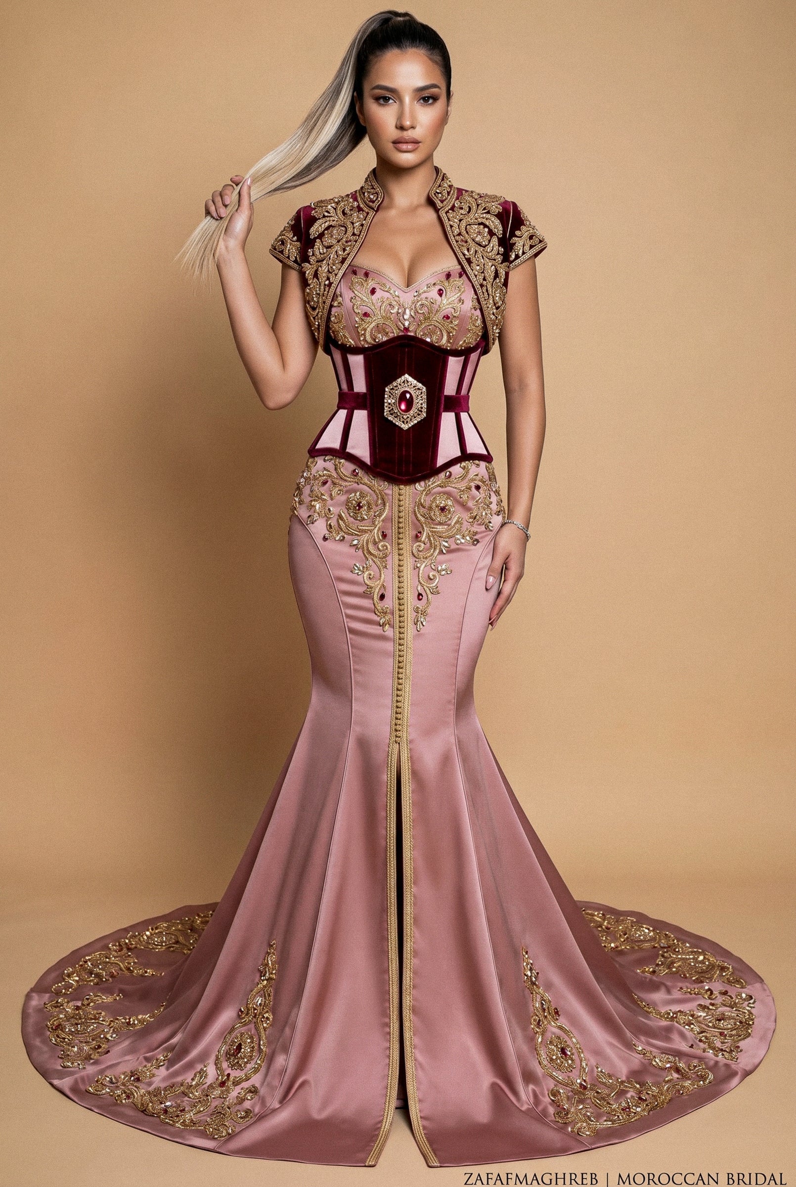 Caftan haute couture rose poudré