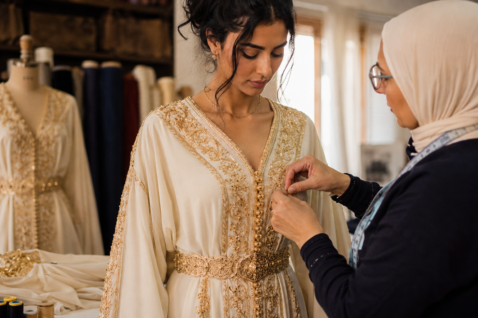 Atelier de création de caftan sur-mesure avec une artisane ajustant la tenue de la mariée