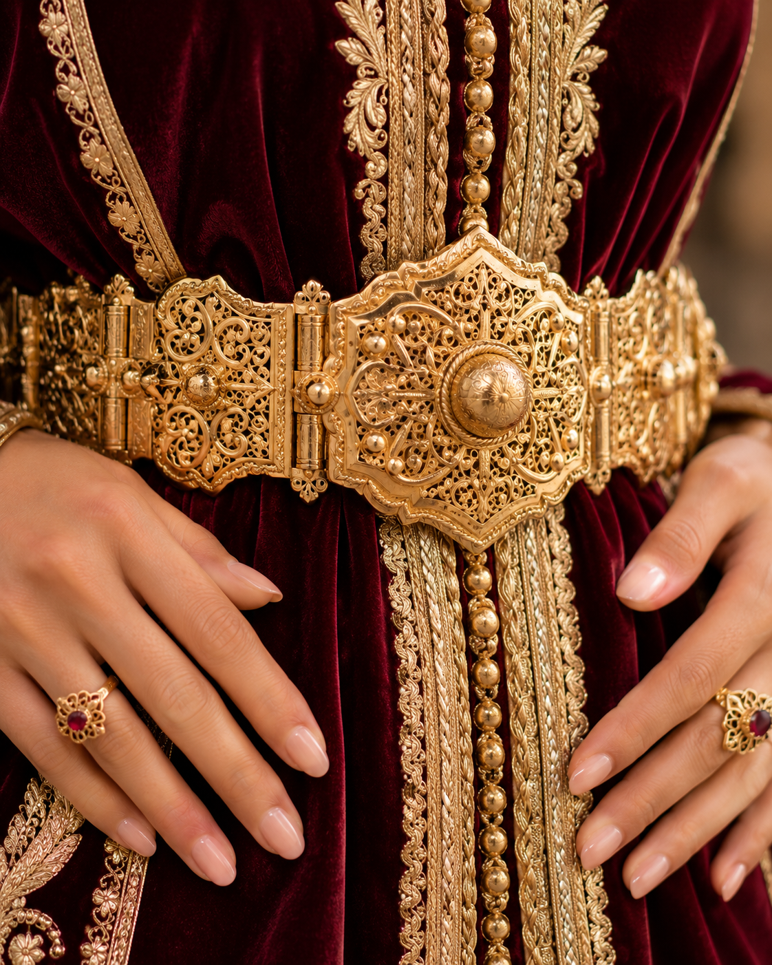 Détail des accessoires et de la ceinture Mdamma sur un caftan de mariée