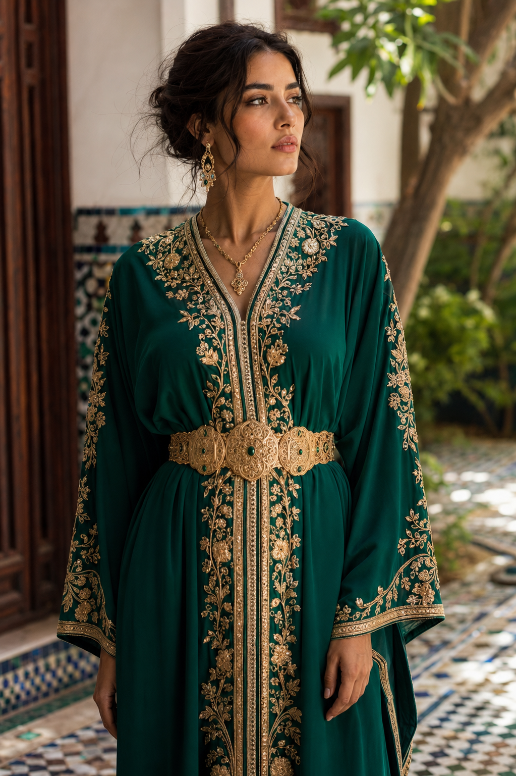 Femme élégante portant un caftan marocain vert émeraude parfaitement ajusté à sa morphologie