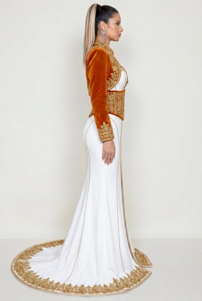 Broderie d'or à la main sur la traîne d'un caftan émeraude — sfifa et aakad