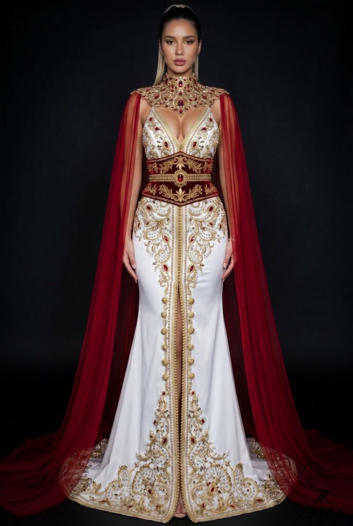 Broderie d'or à la main sur la traîne d'un caftan émeraude — sfifa et aakad