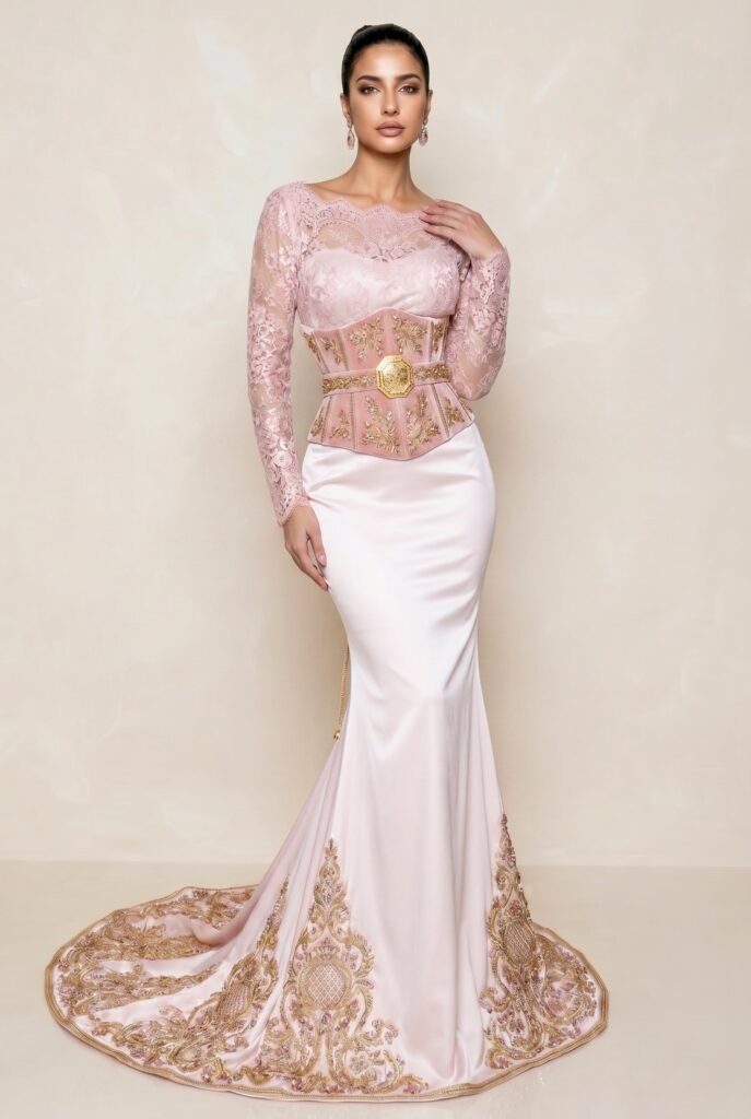 Broderie d'or à la main sur la traîne d'un caftan émeraude — sfifa et aakad
