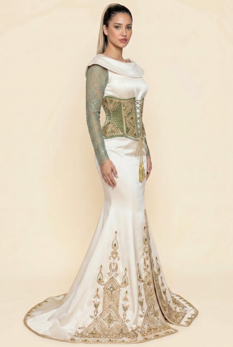 Caftan pour mariage blanc cassé et vert émeraude