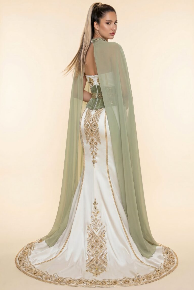 Caftan bustier coupe sirène blanc cassé et cape vert sauge