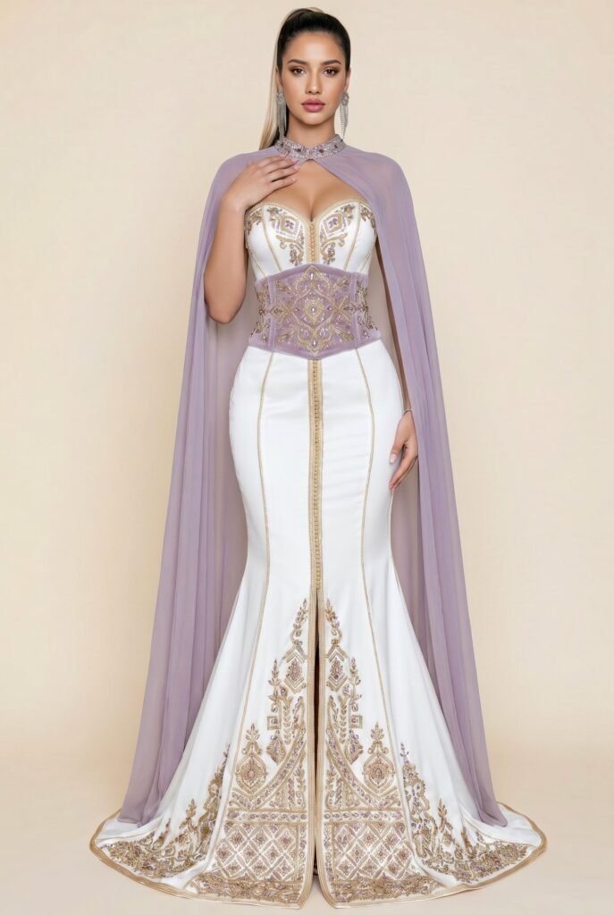 Broderie d'or à la main sur la traîne d'un caftan émeraude — sfifa et aakad