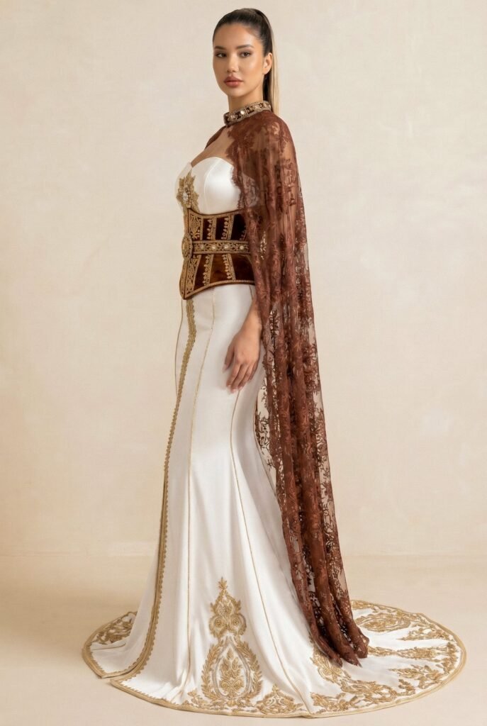 Broderie d'or à la main sur la traîne d'un caftan émeraude — sfifa et aakad