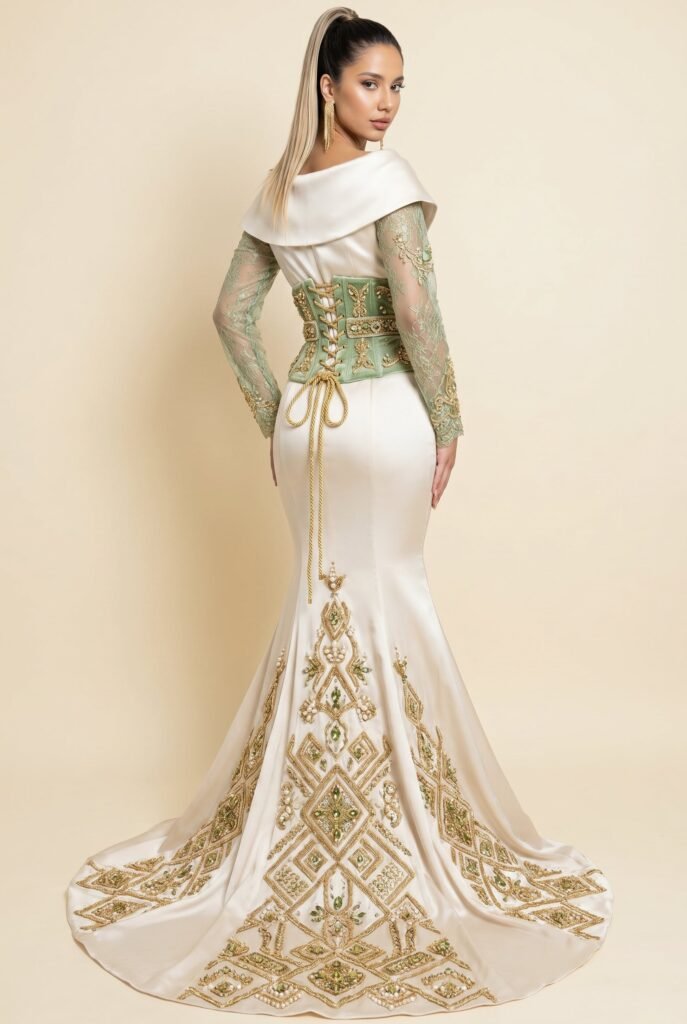 Broderie d'or à la main sur la traîne d'un caftan émeraude — sfifa et aakad
