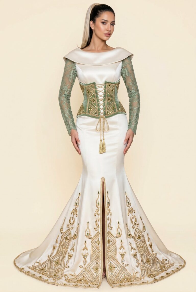 Caftan pour mariage blanc cassé et vert émeraude