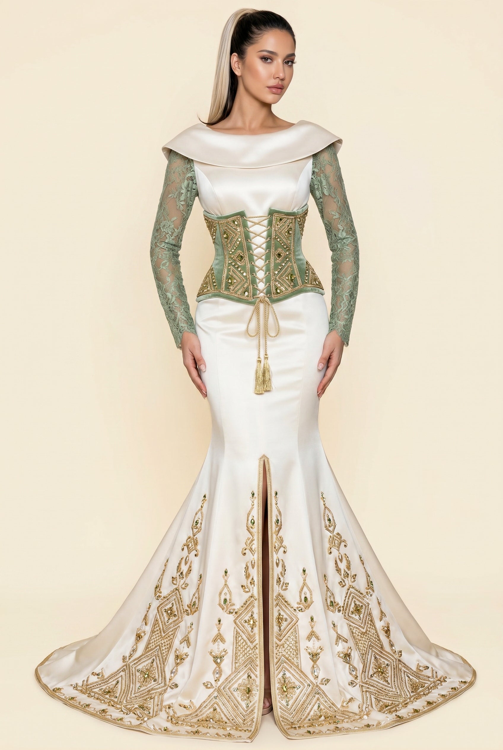 Caftan pour mariage blanc cassé et vert émeraude – vue principale