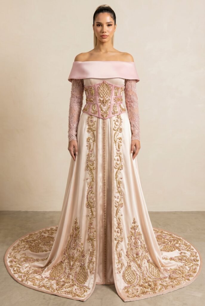 Broderie d'or à la main sur la traîne d'un caftan émeraude — sfifa et aakad