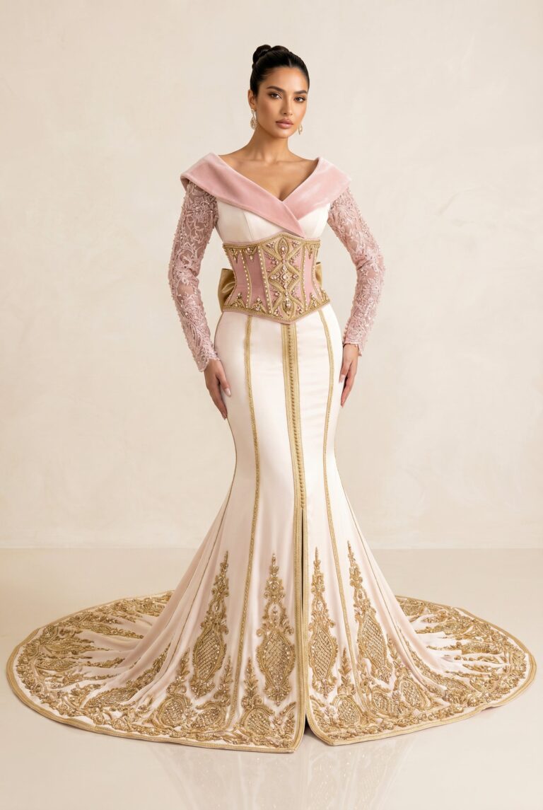 Caftan de luxe blanc cassé et rose poudré