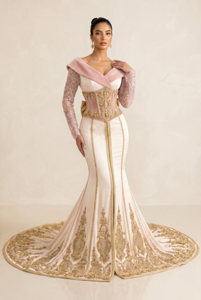 Broderie d'or à la main sur la traîne d'un caftan émeraude — sfifa et aakad