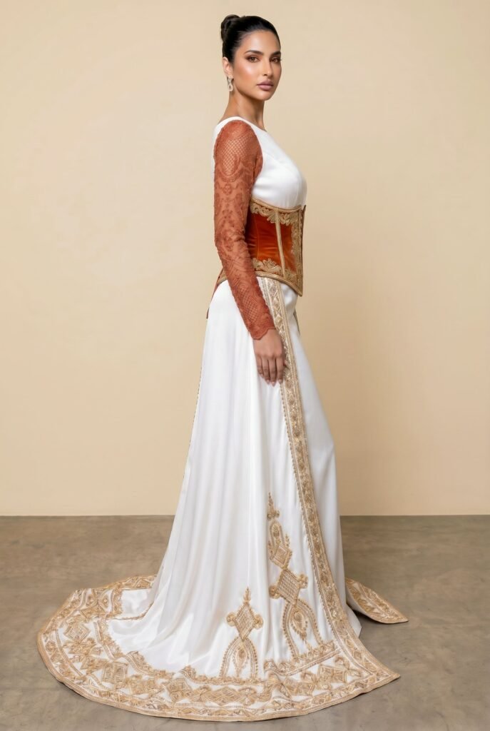 Broderie d'or à la main sur la traîne d'un caftan émeraude — sfifa et aakad
