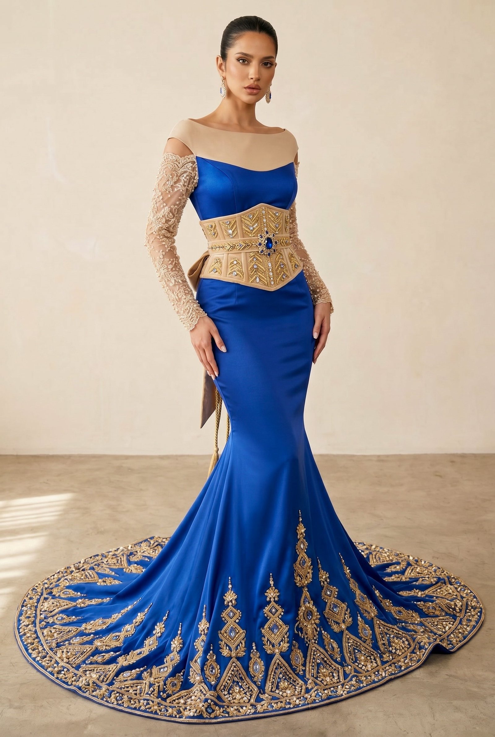 Caftan haute couture bleu saphir sur mesure pour mariage et cérémonie
