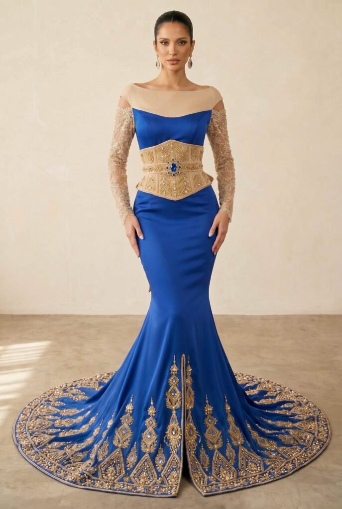 Broderie d'or à la main sur la traîne d'un caftan émeraude — sfifa et aakad