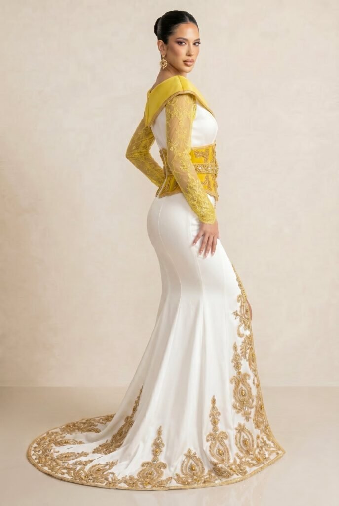 Broderie d'or à la main sur la traîne d'un caftan émeraude — sfifa et aakad