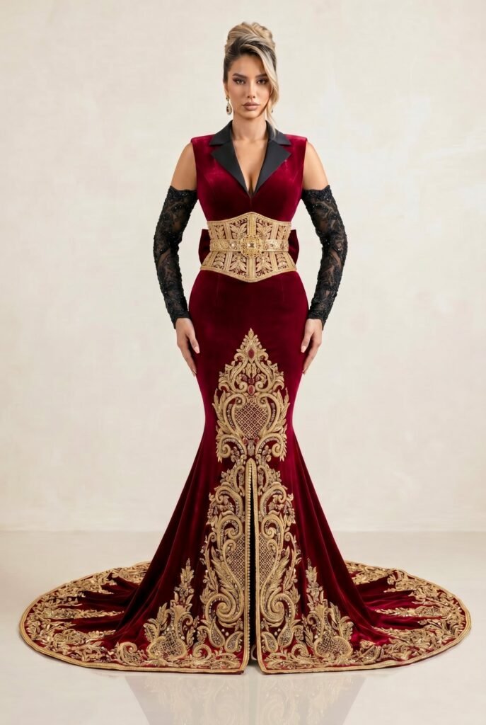 Broderie d'or à la main sur la traîne d'un caftan émeraude — sfifa et aakad