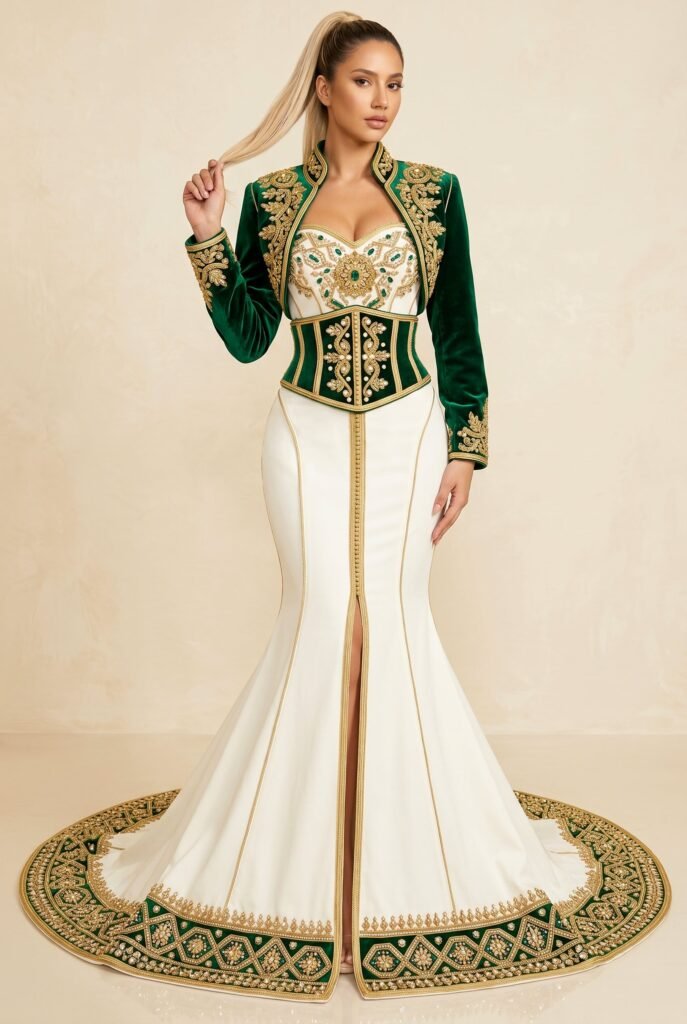 Broderie d'or à la main sur la traîne d'un caftan émeraude — sfifa et aakad