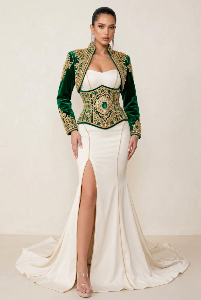 Caftan bustier coupe sirène blanc cassé et boléro vert émeraude, corset joaillier