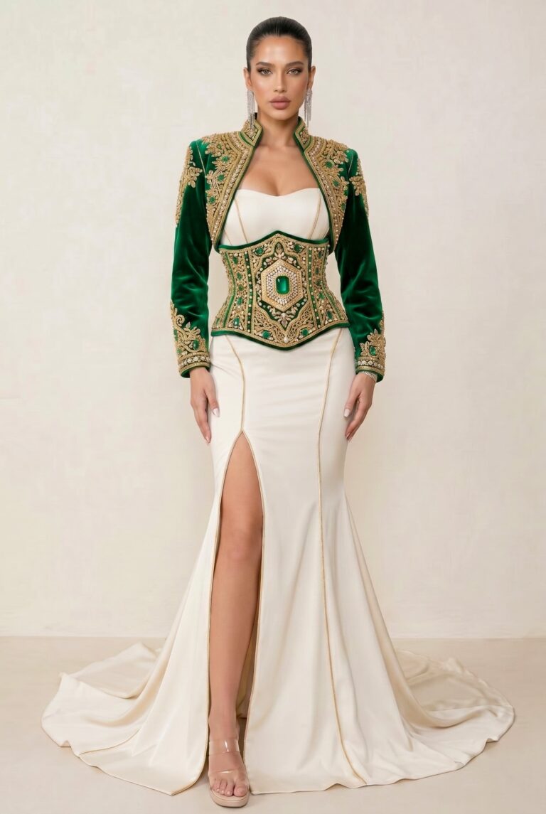 Caftan bustier coupe sirène blanc cassé et boléro vert émeraude, corset joaillier
