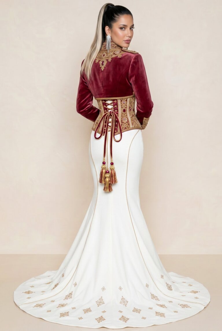 Caftan bustier coupe sirène blanc cassé et boléro rouge rubis