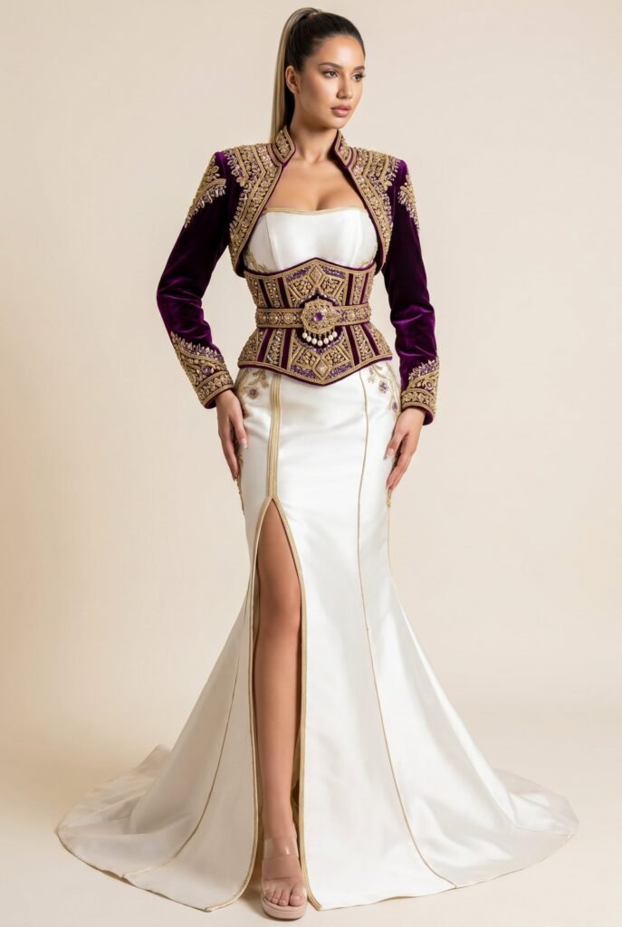 Broderie d'or à la main sur la traîne d'un caftan émeraude — sfifa et aakad