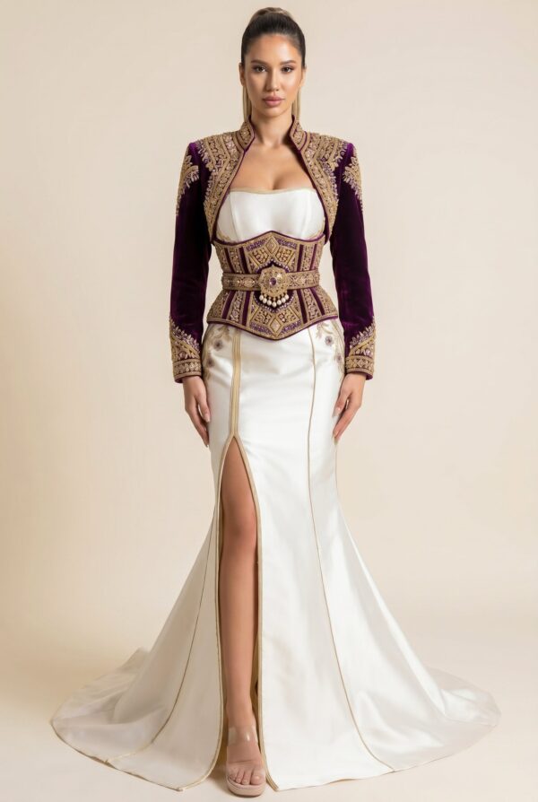 Caftan bustier coupe sirène blanc cassé et boléro mauve améthyste
