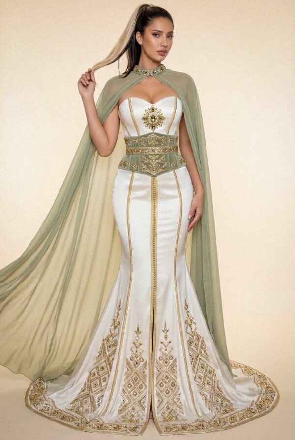 Caftan bustier coupe sirène blanc cassé et cape vert sauge