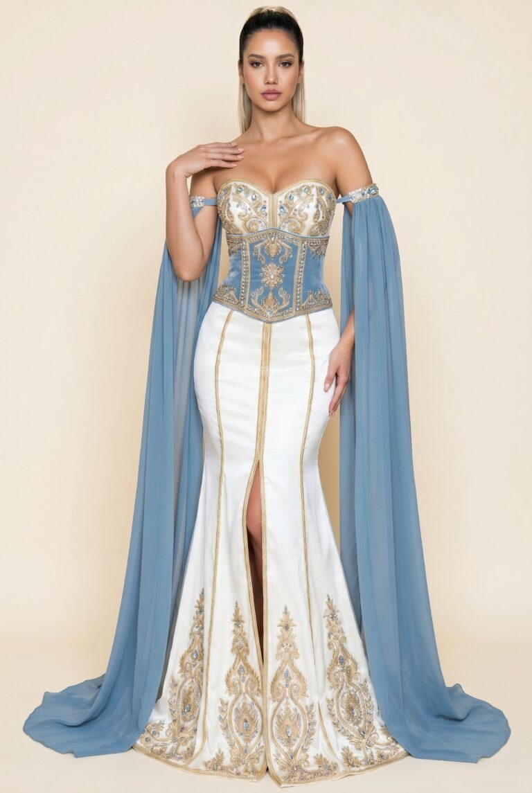 Caftan de mariée blanc cassé et bleu pétrole