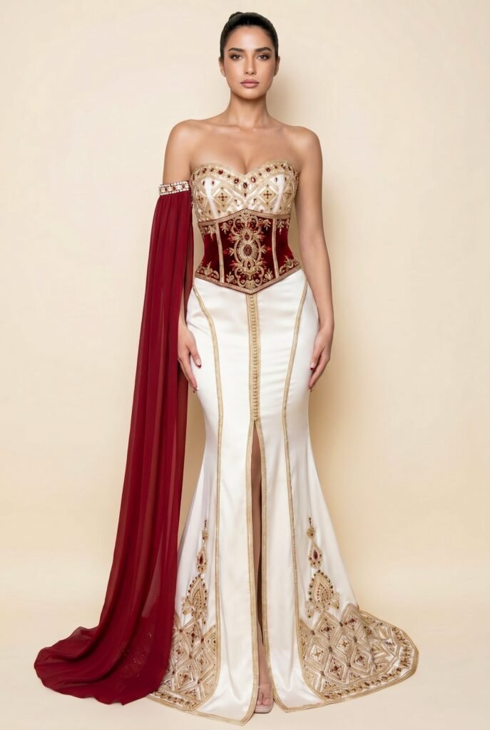 Broderie d'or à la main sur la traîne d'un caftan émeraude — sfifa et aakad