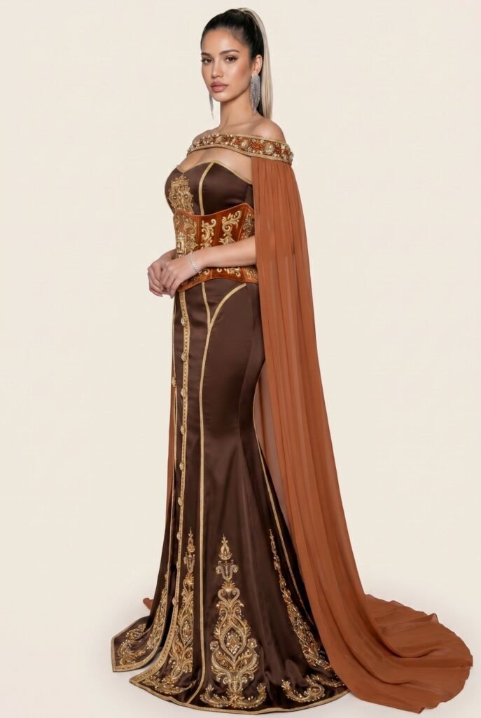 Broderie d'or à la main sur la traîne d'un caftan émeraude — sfifa et aakad