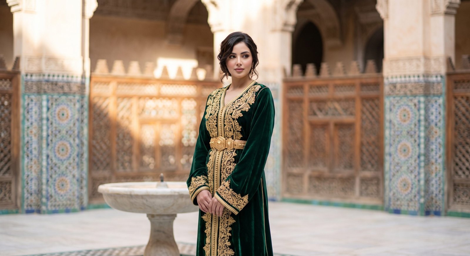 Caftan traditionnel de Fès en velours vert émeraude brodé à la main
