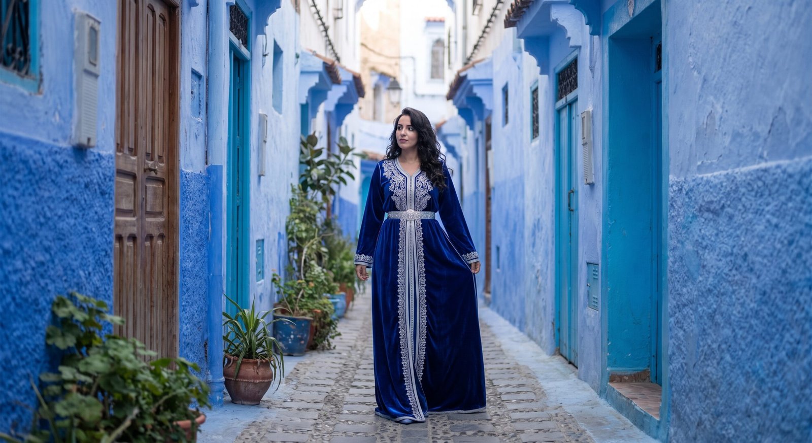 Caftan marocain bleu saphir dans les ruelles de Chefchaouen