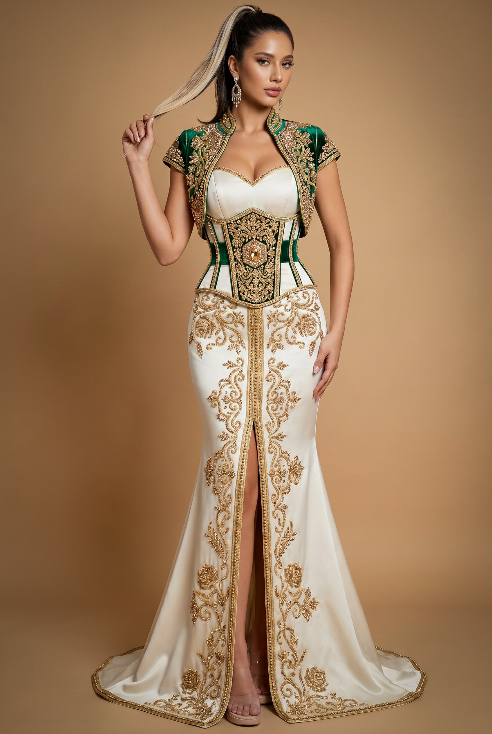 Caftan vert profond et or de la collection Émeraude Couronnée