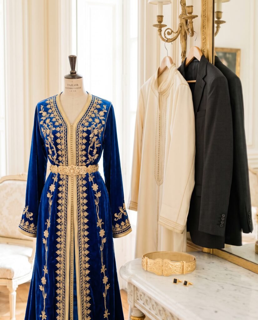 Caftan ivoire et costume noir harmonisés par des matières champagne discrètes