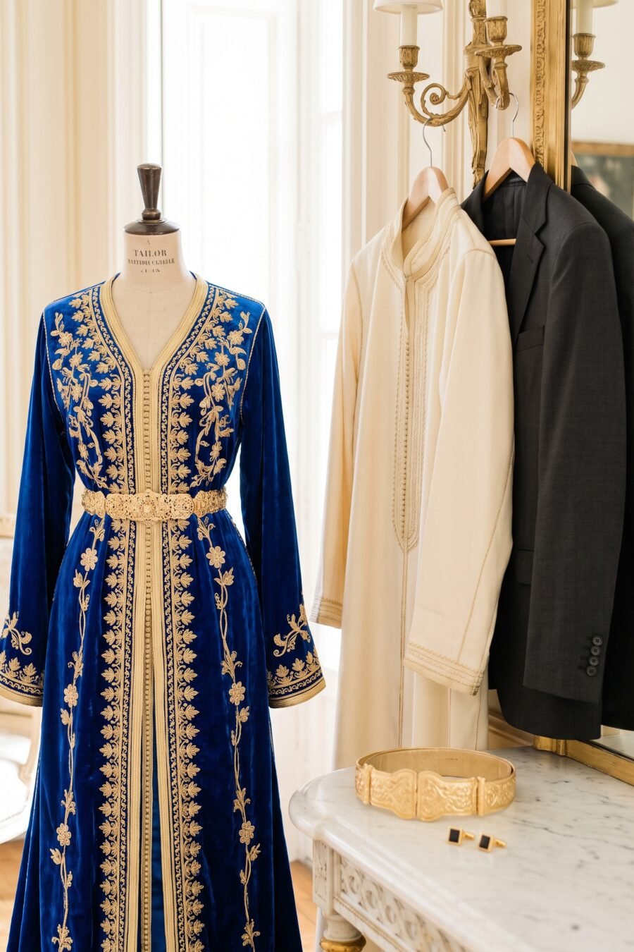 Caftan ivoire et costume noir harmonisés par des matières champagne discrètes