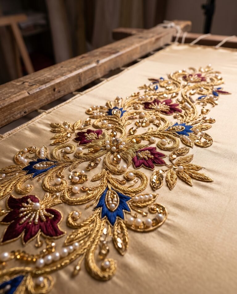 Détail de broderie tarz sur un caftan marocain