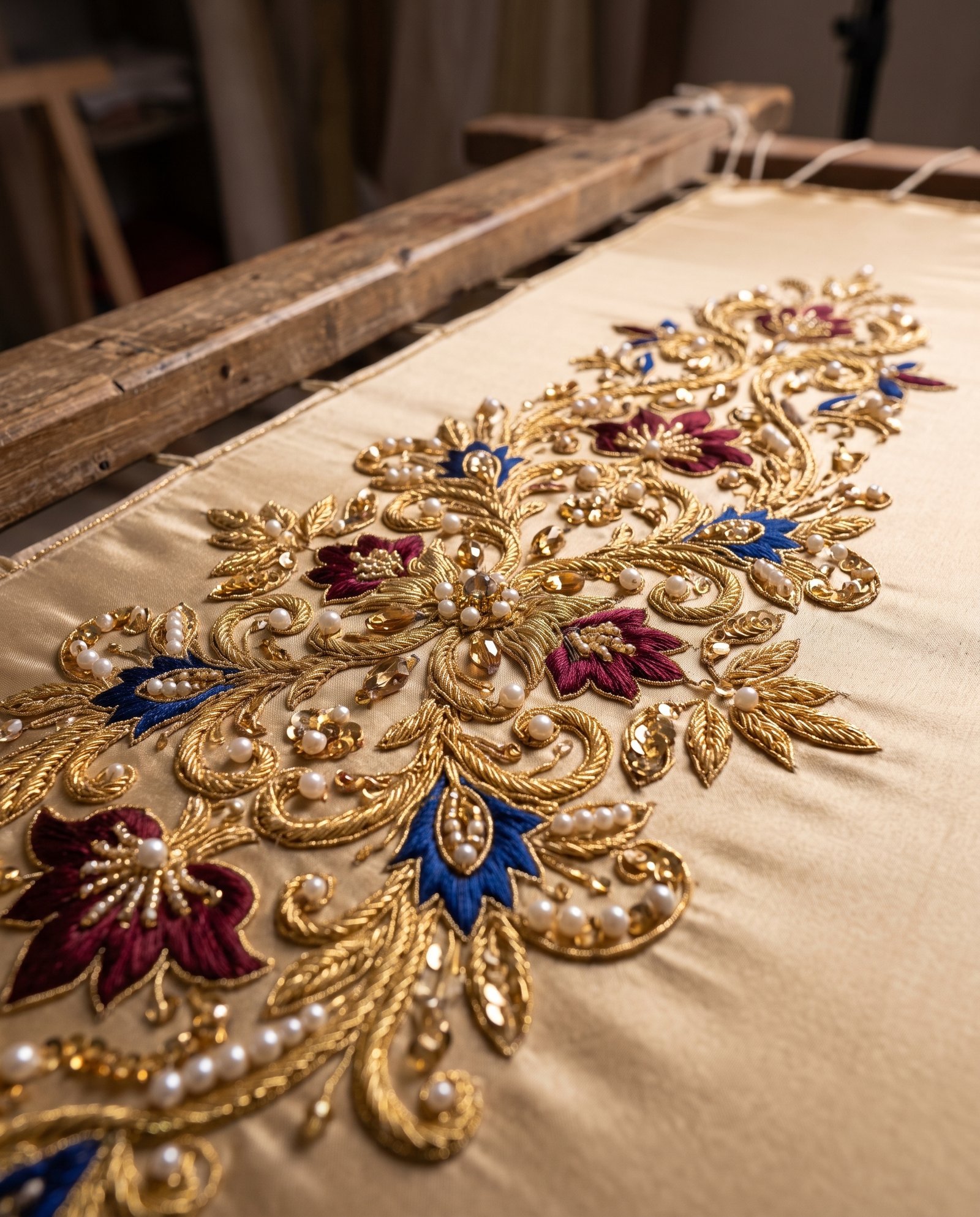Détail de broderie tarz sur un caftan marocain
