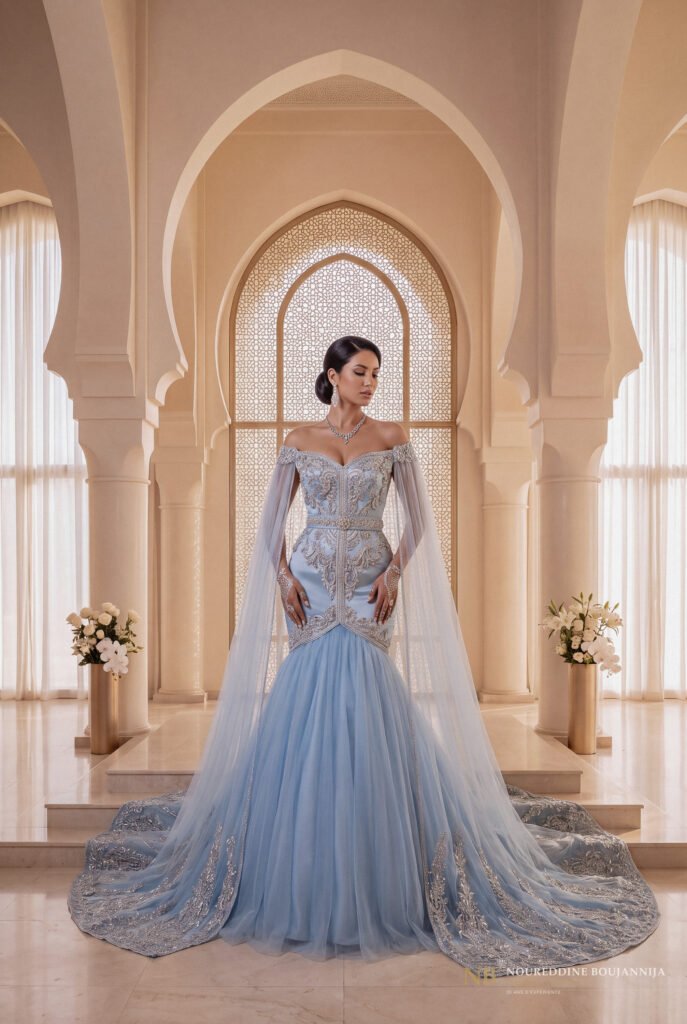 Caftan Bleu Glacé Bardot – Coupe Sirène