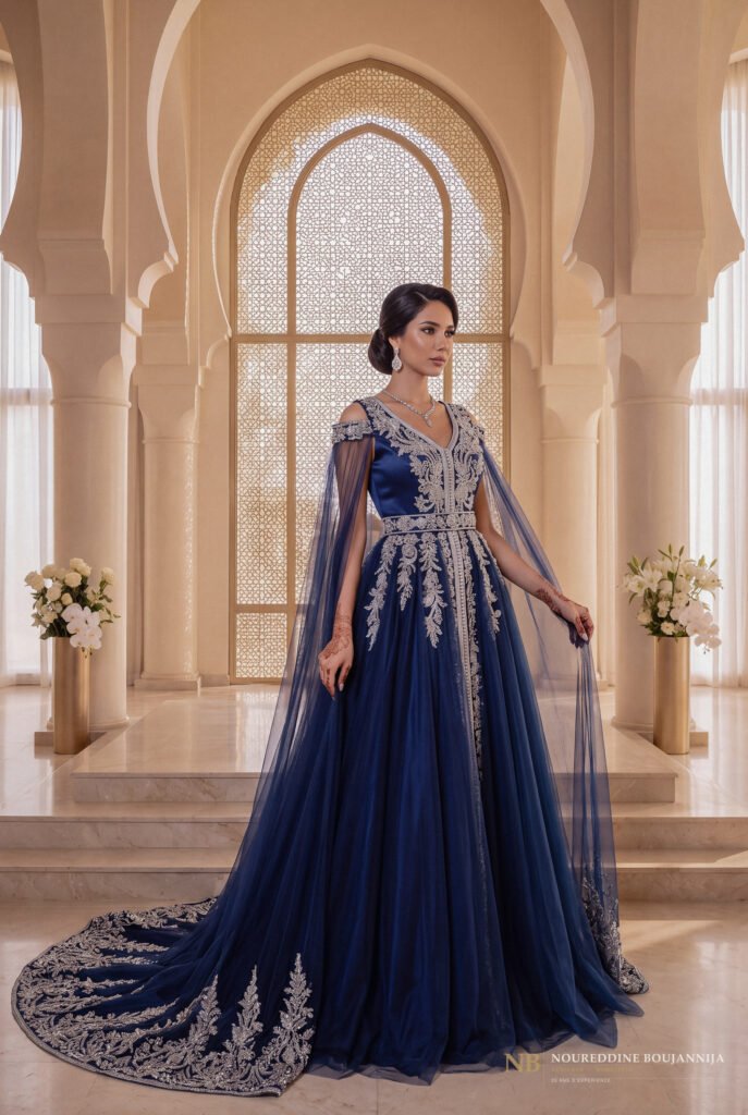 Caftan Bleu Nuit à Cape – Broderies Argent