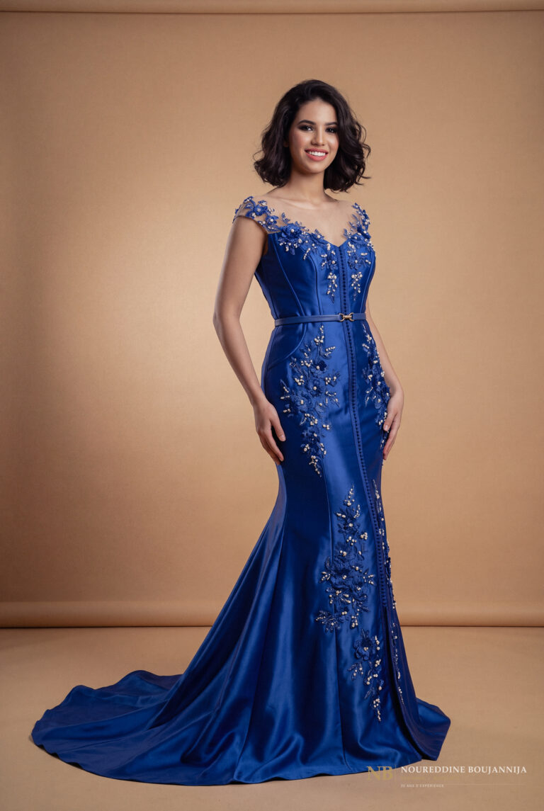 Caftan sirène bleu royal Broderie Azur – vue principale